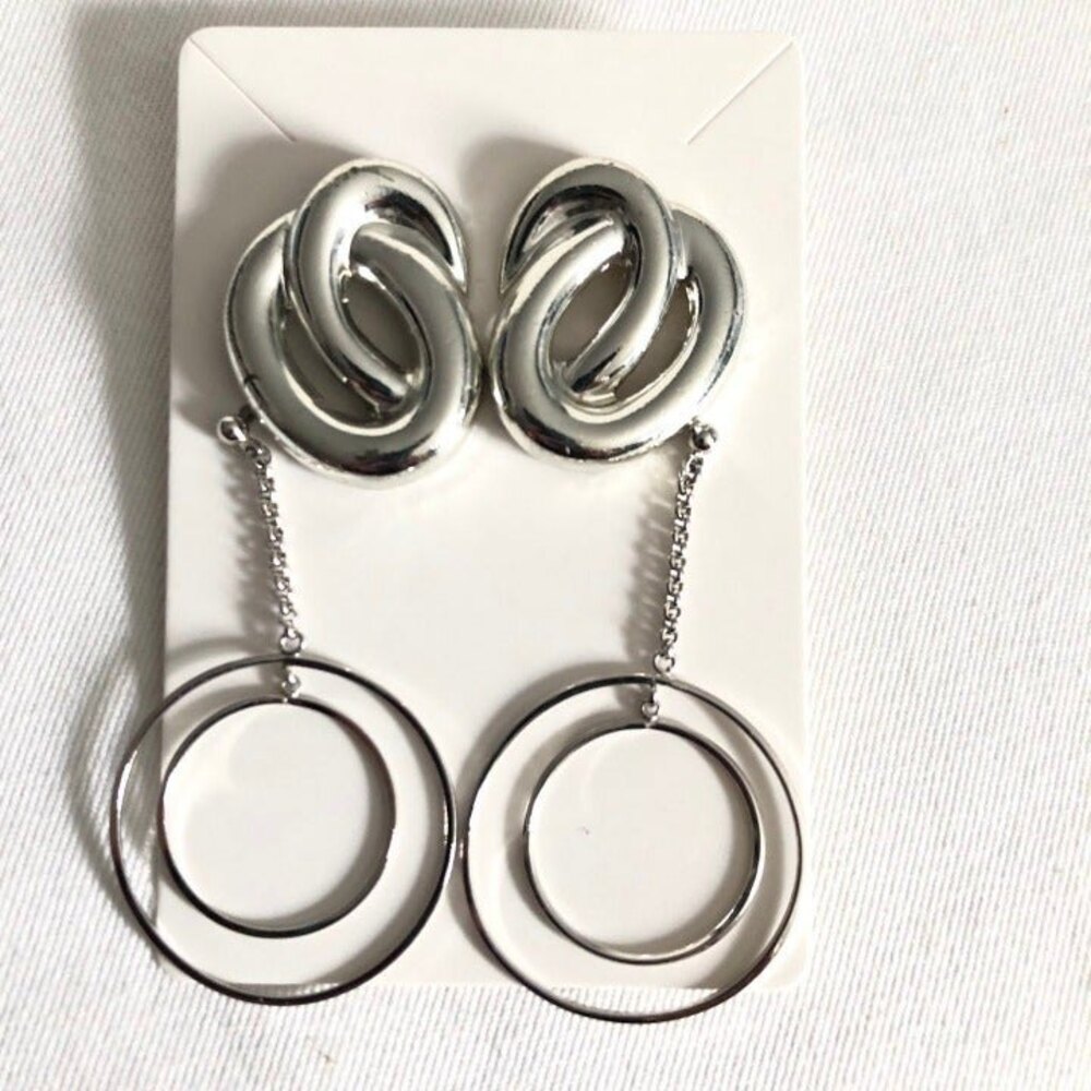 2 Pair Pierced Earrings Stud Swirls Chain Dangle Circles Silver Tone